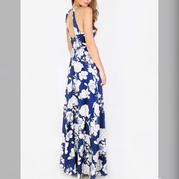 Blue Halter neck floral print maxi dress - Picture 3 of 6